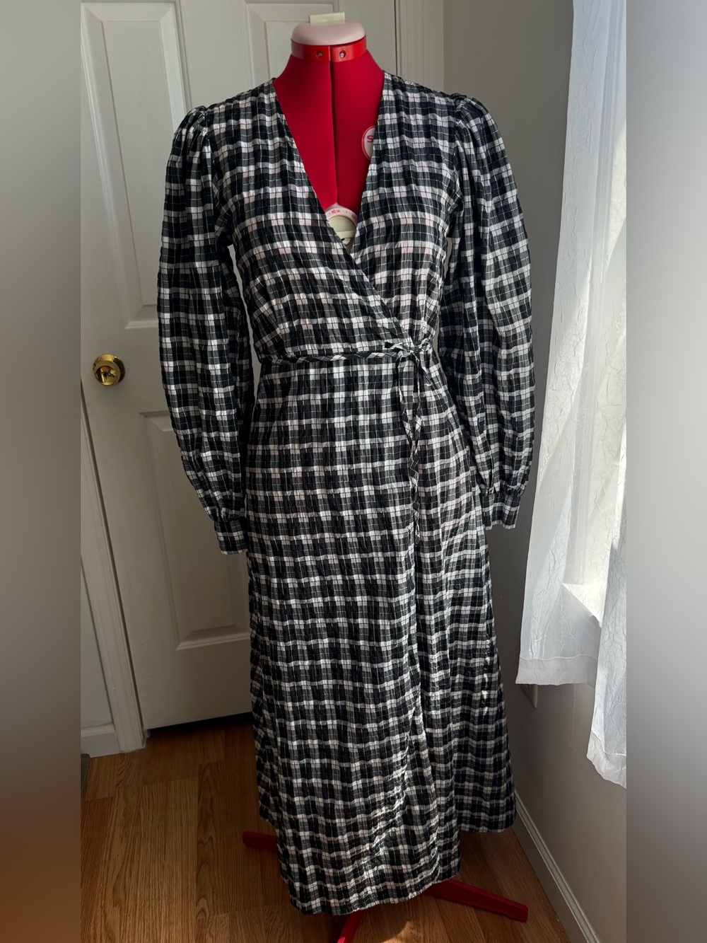 Ganni Black and White Plaid V-Neck Maxi Wrap Dress